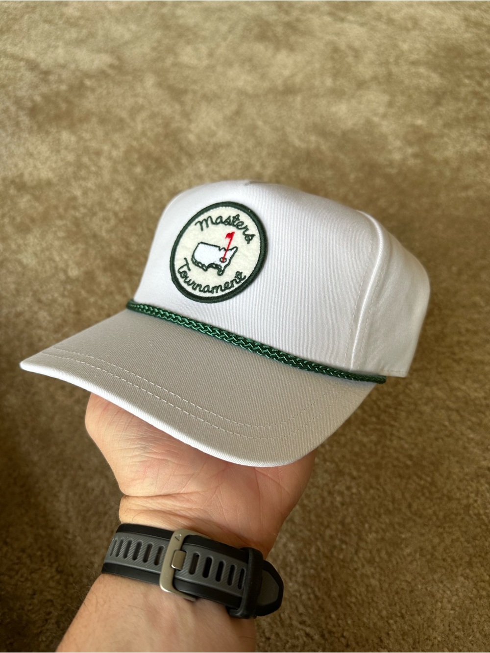 Masters White trucker hat with Green Rope Trim